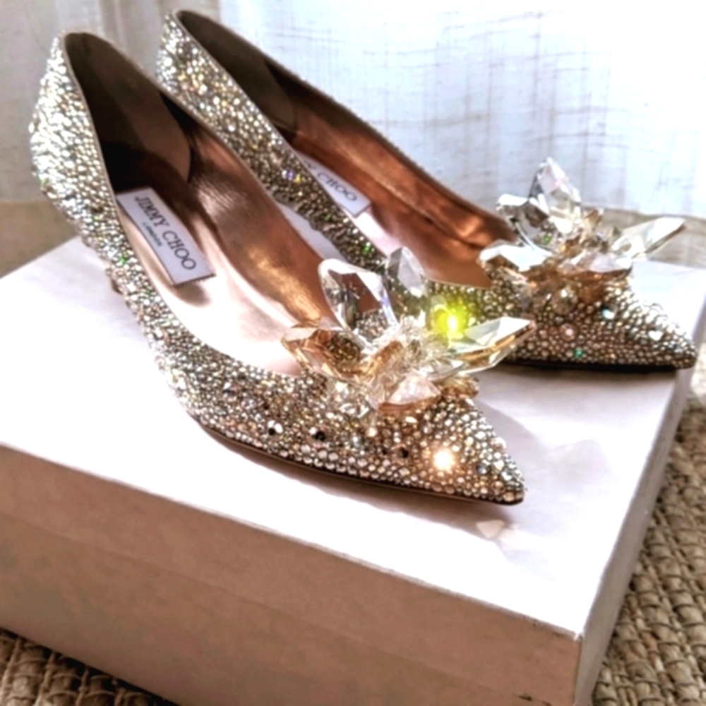 💯Jimmy Choo Rose Gold Crystal Covered Pointy Toe Pumps Crystal Cinderella pumps